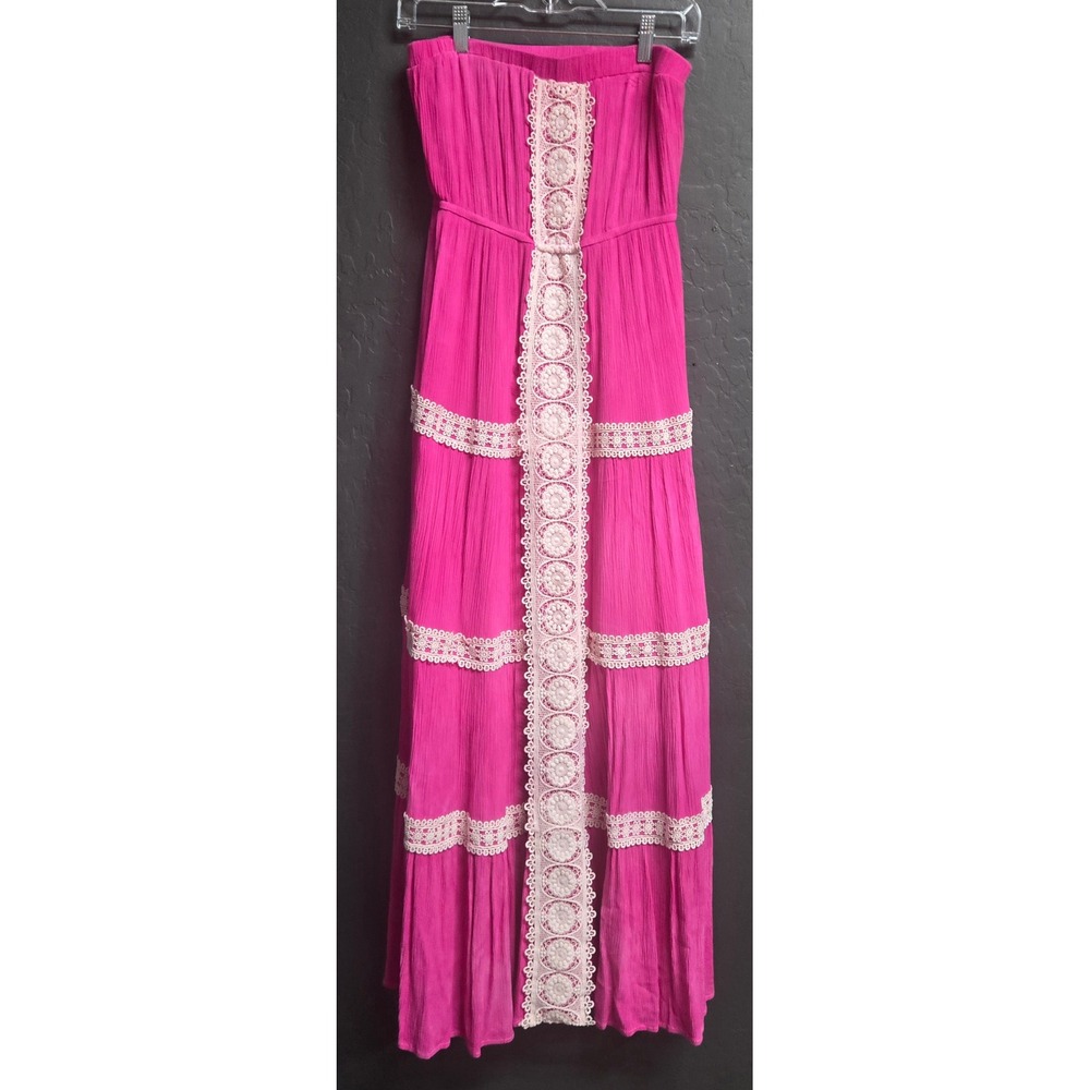 Boho Crochet Lace Strapless Maxi Dress M Pink Crinkle Tiered Long Sun Dress